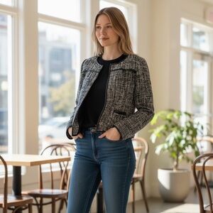 Blazer Blu Pepper Size Small Black Tweed Zip Front 2 Pocket